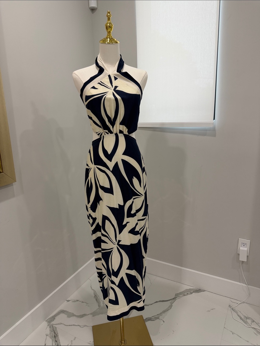 Etiquette Clothiers Navy and Cream Halter Maxi Dress